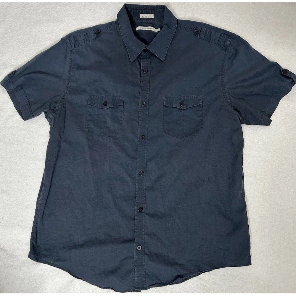 Calvin Klein men's shirt Large Cotton Short Sleeve Front Pockets Plackets Grey